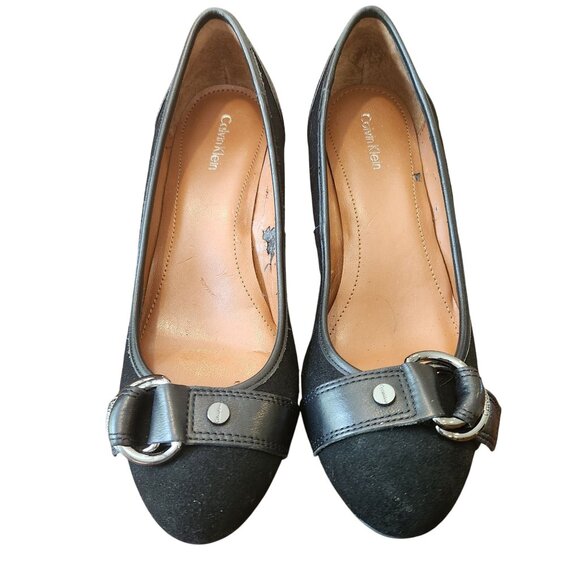 Calvin Klein SONDRA Black Suede & Leather Wedge Pumps Size 7.5 Buckle Detail - Picture 2 of 10